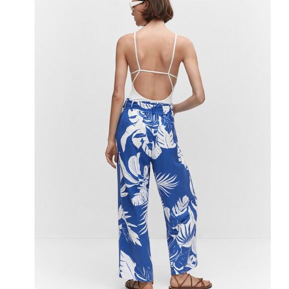 MANGO Tropical Print Flowy Wide Leg Trousers Blue and White Size XS - Picture 3 of 14
